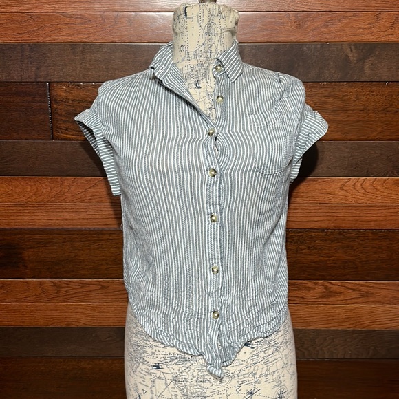 Jopna Tops - Jopna Collared Short Sleeve Blue Pinstripe Button Down Blouse